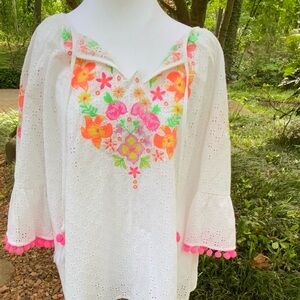Lilly Pulitzer - Eyelet Embroidered White and Pink Women's Top